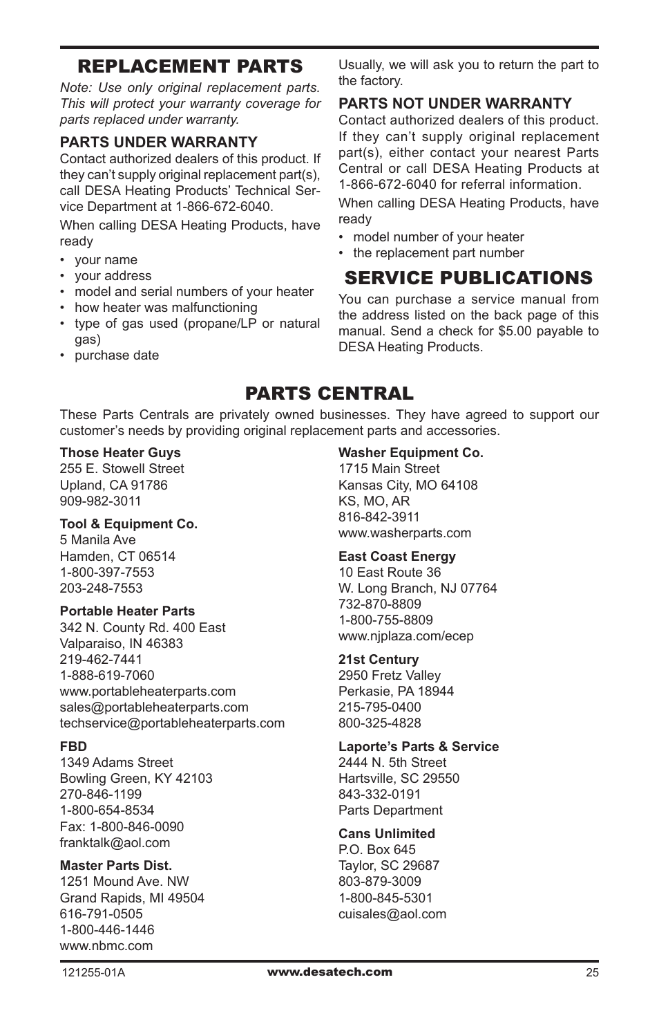 Replacement parts, Service publications, Parts central | Desa LCR26PT User Manual | Page 25 / 56