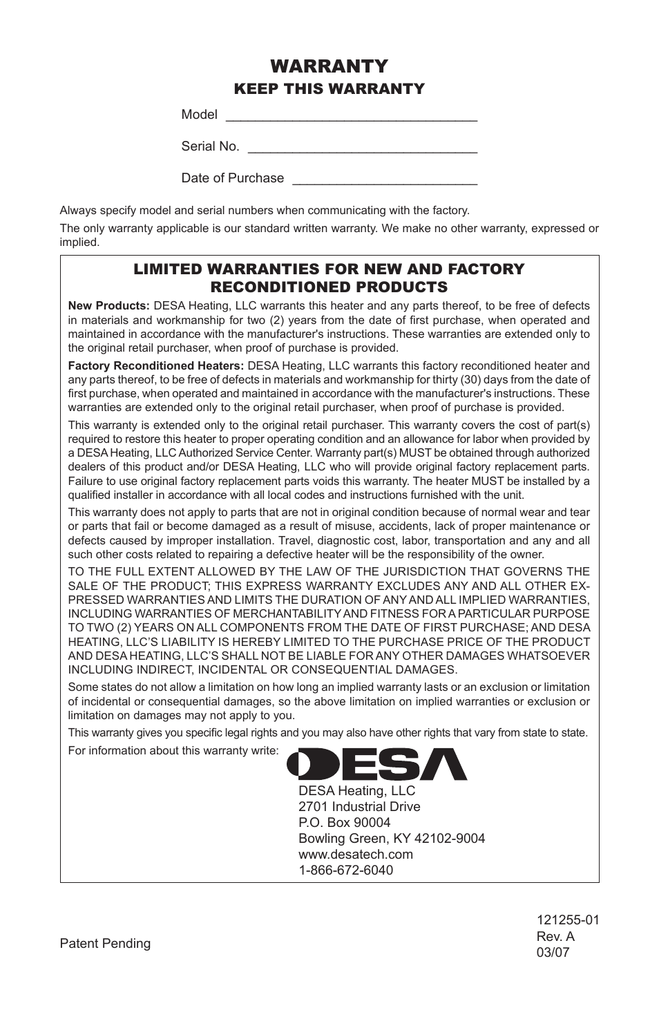 Warranty | Desa LCR26PT User Manual | Page 26 / 56