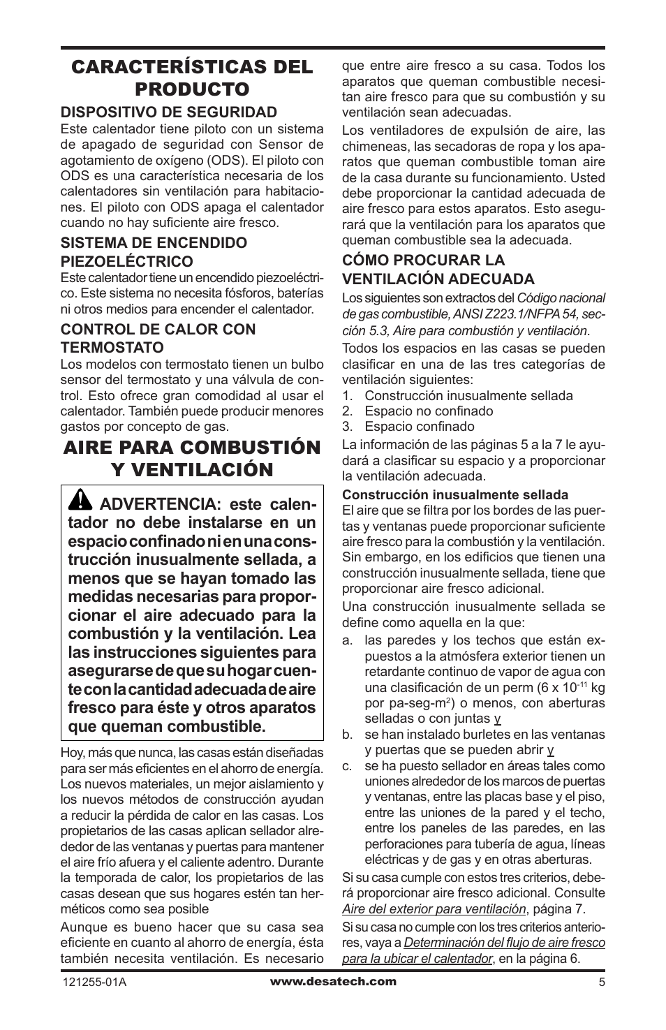 Características del producto, Aire para combustión y ventilación | Desa LCR26PT User Manual | Page 31 / 56