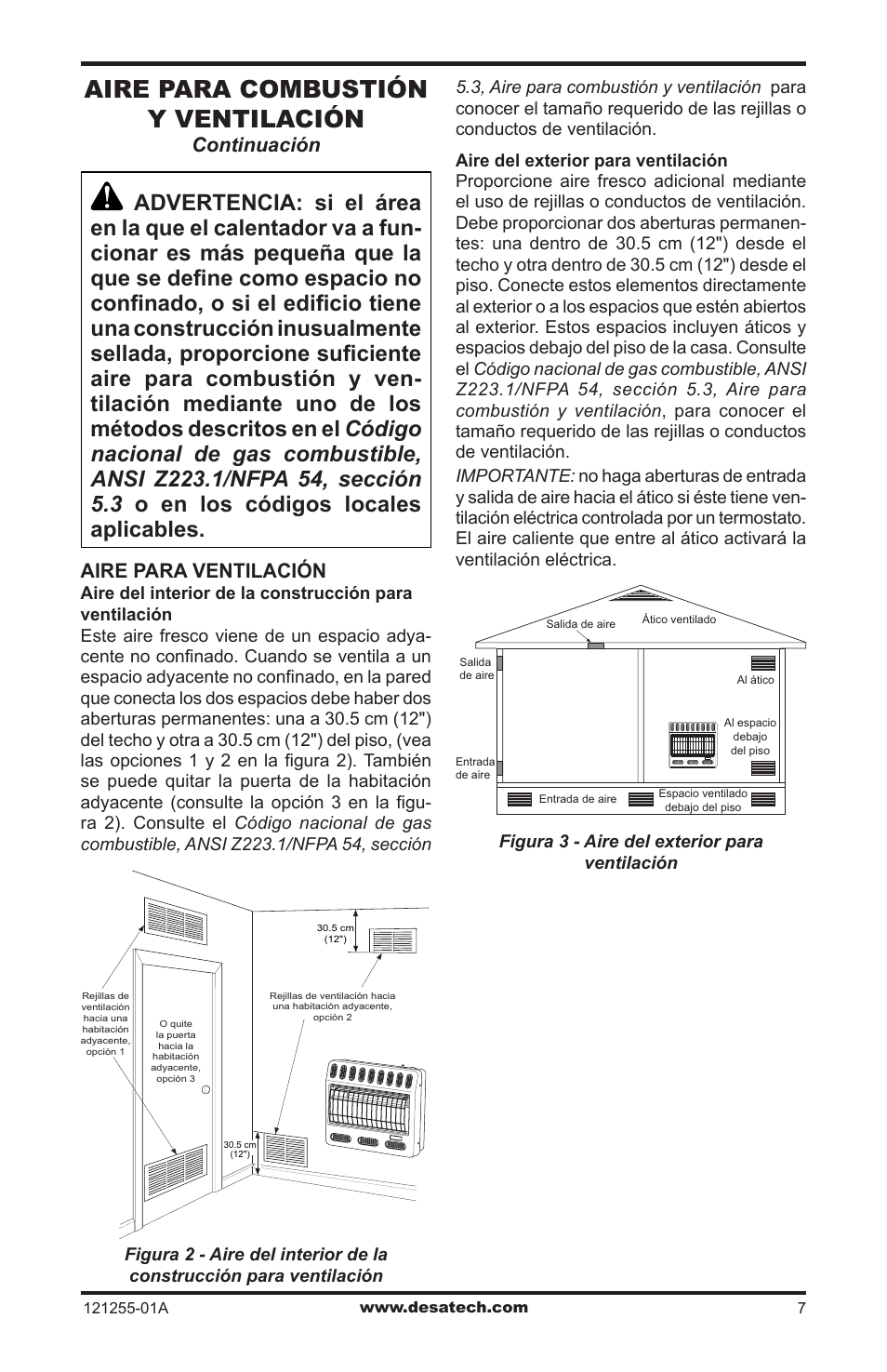 Aire para combustión y ventilación, Continuación, Aire para ventilación | Desa LCR26PT User Manual | Page 33 / 56