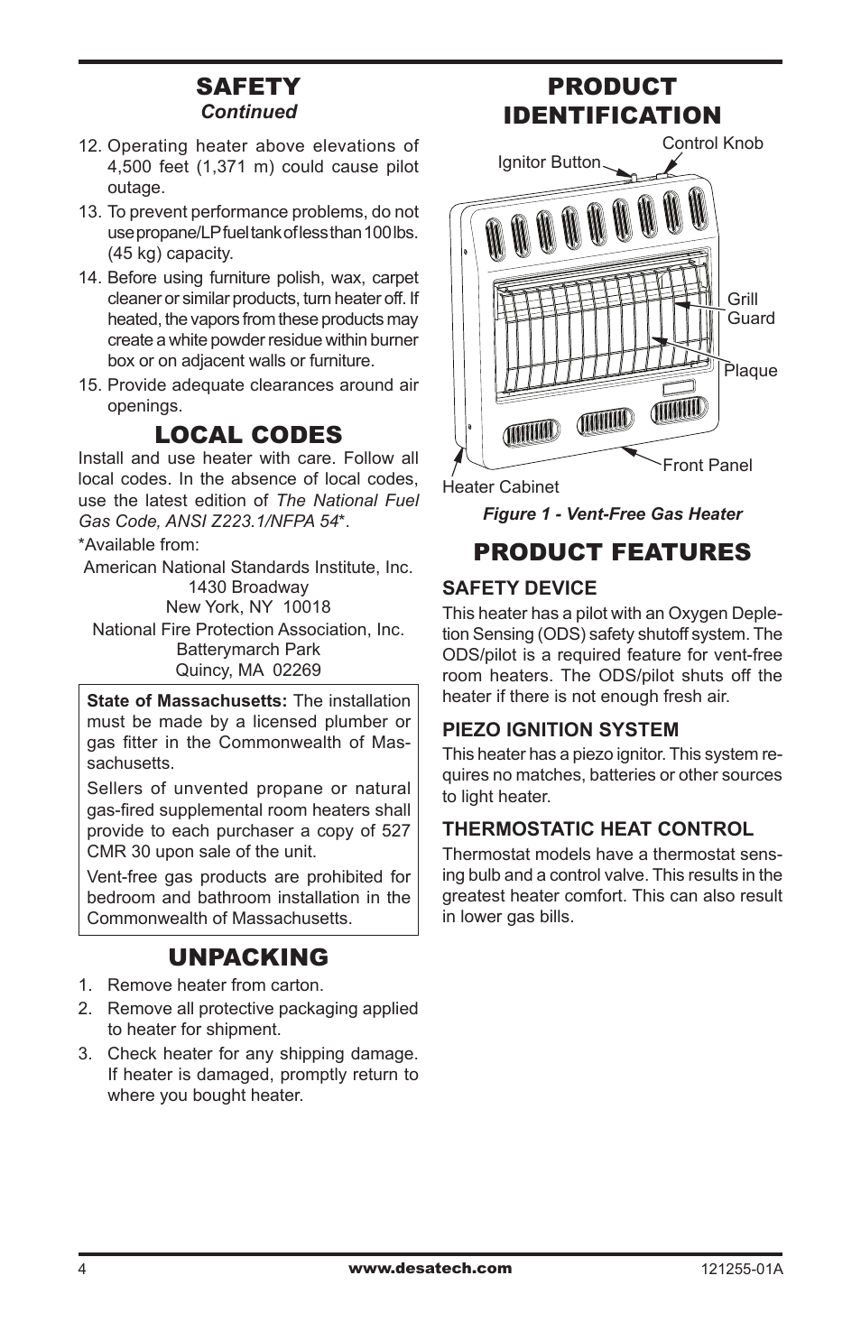 Local codes, Unpacking, Product identification | Product features, Safety | Desa LCR26PT User Manual | Page 4 / 56