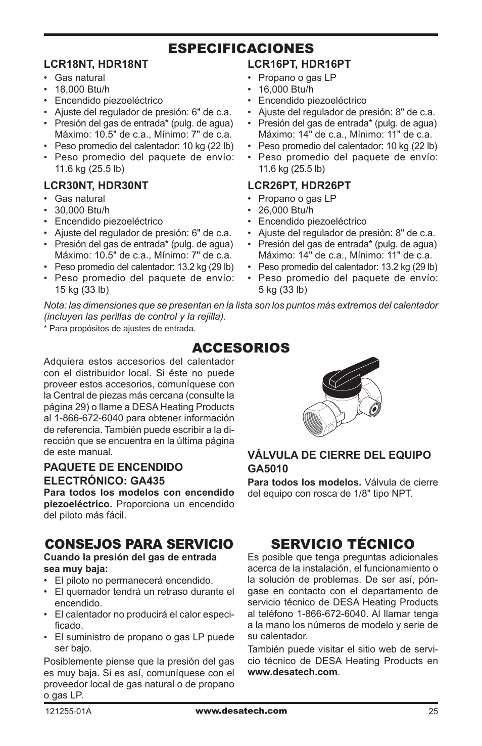 Especificaciones, Accesorios, Consejos para servicio | Servicio técnico | Desa LCR26PT User Manual | Page 51 / 56