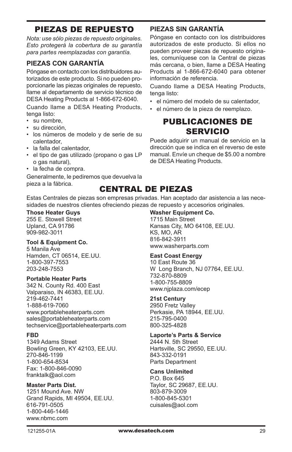 Piezas de repuesto, Publicaciones de servicio, Central de piezas | Desa LCR26PT User Manual | Page 55 / 56