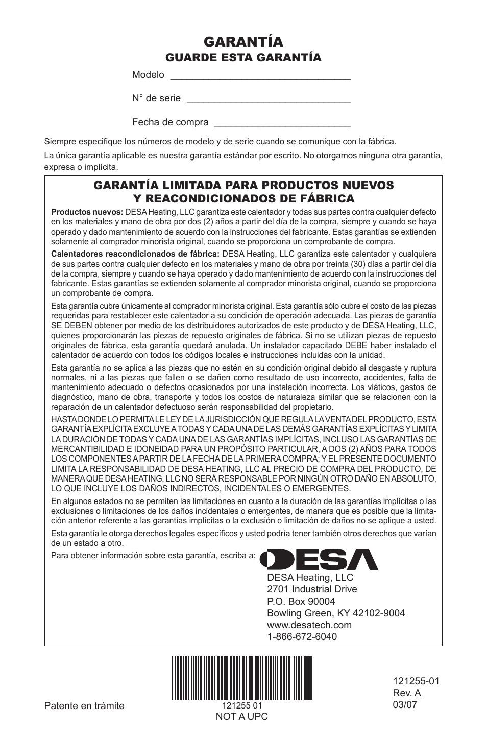 Garantía | Desa LCR26PT User Manual | Page 56 / 56