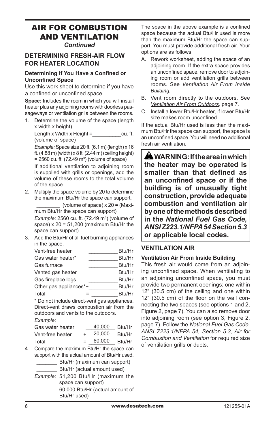 Air for combustion and ventilation | Desa LCR26PT User Manual | Page 6 / 56