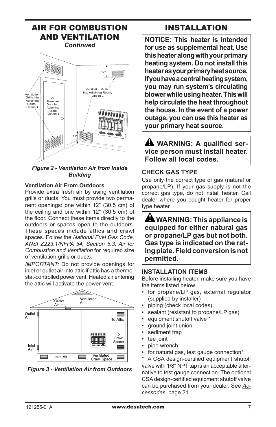 Installation, Air for combustion and ventilation, Continued | Check gas type, Installation items | Desa LCR26PT User Manual | Page 7 / 56