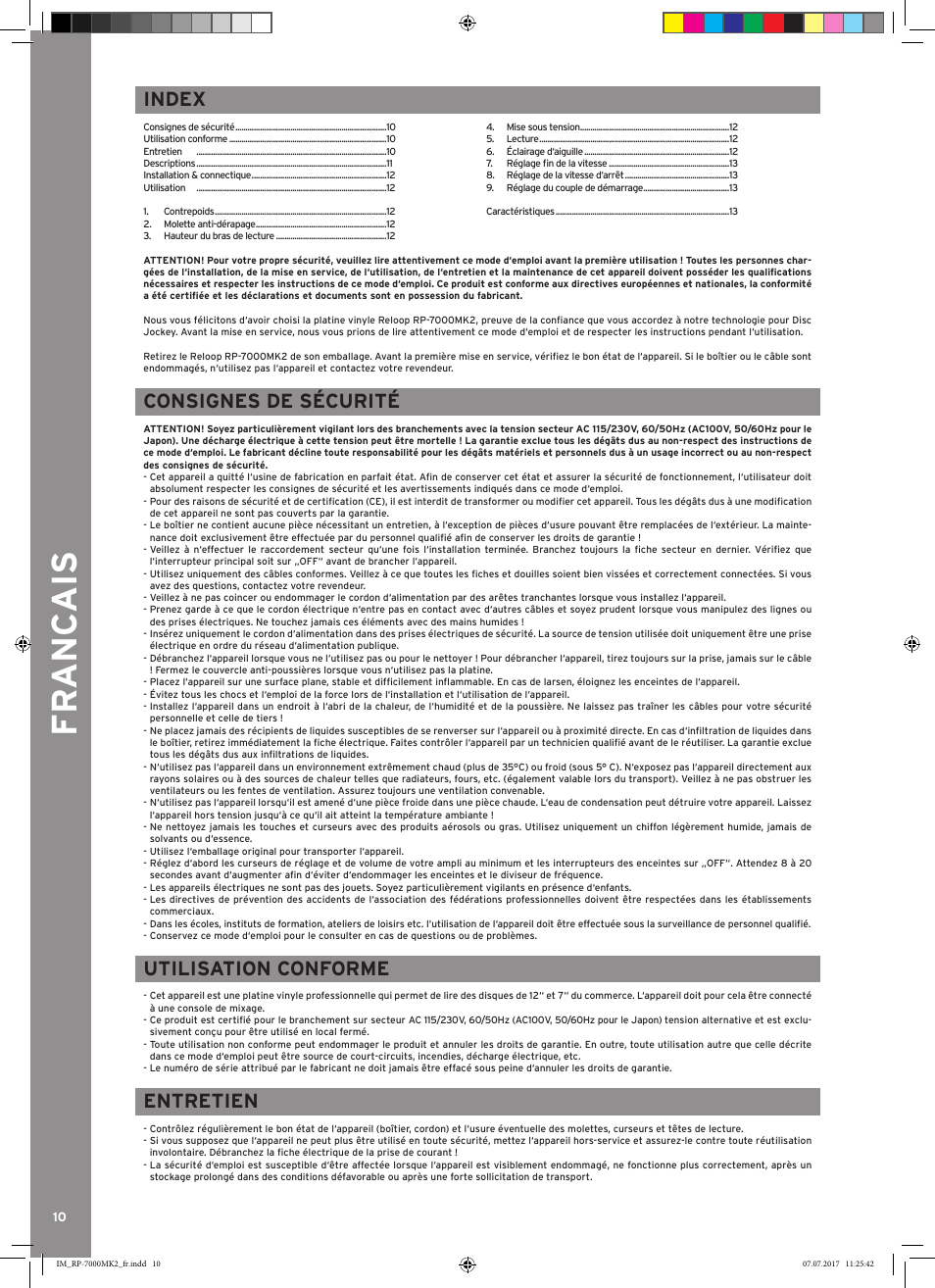 Im_rp7000mk2_fr_rev_1.3, Fr anc ais, Consignes de sécurité | Utilisation conforme, Entretien, Index | Reloop Belt-Driven Hi-Fi Turntable User Manual | Page 10 / 20