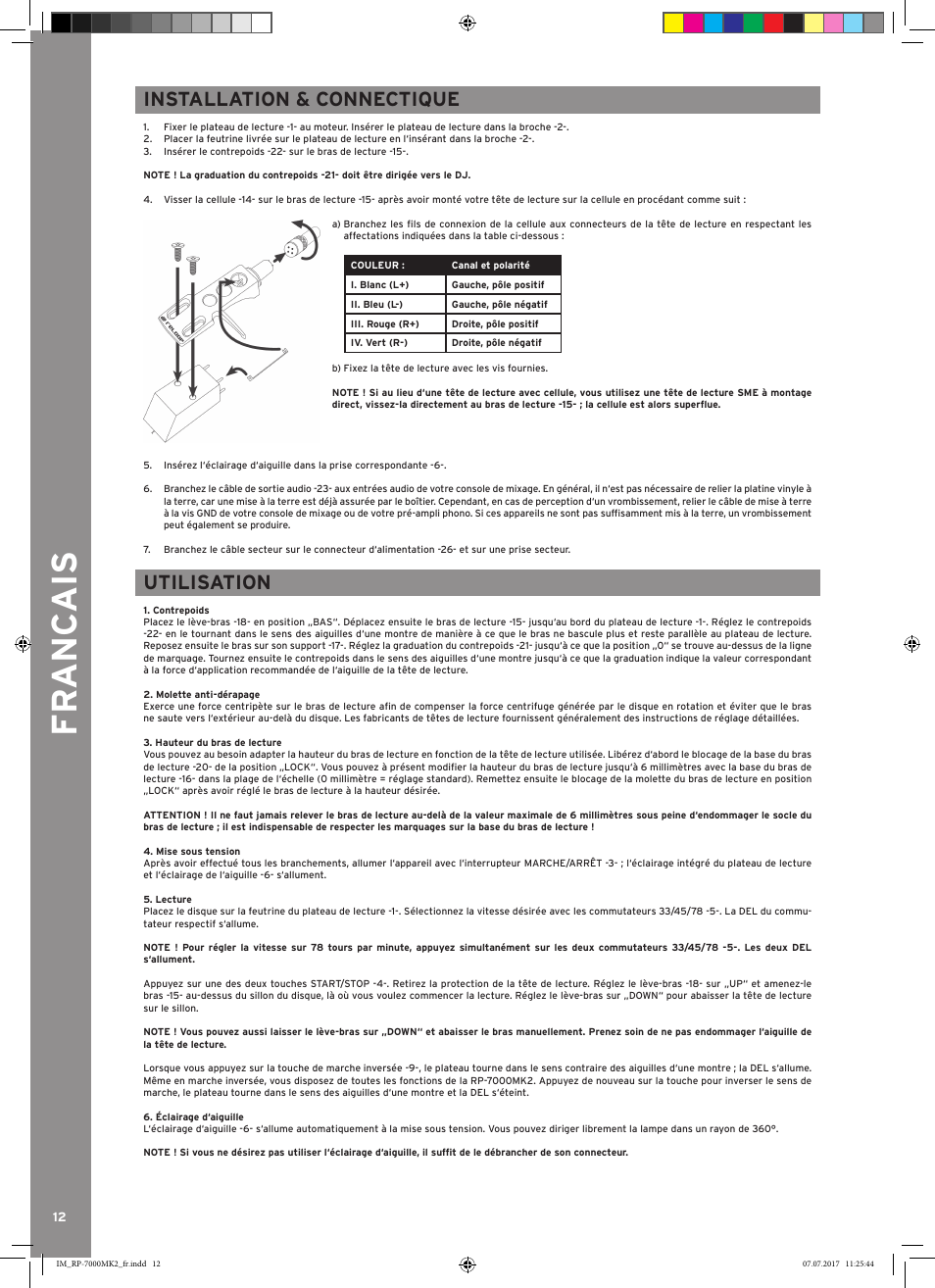 Fr anc ais, Installation & connectique, Utilisation | Reloop Belt-Driven Hi-Fi Turntable User Manual | Page 12 / 20