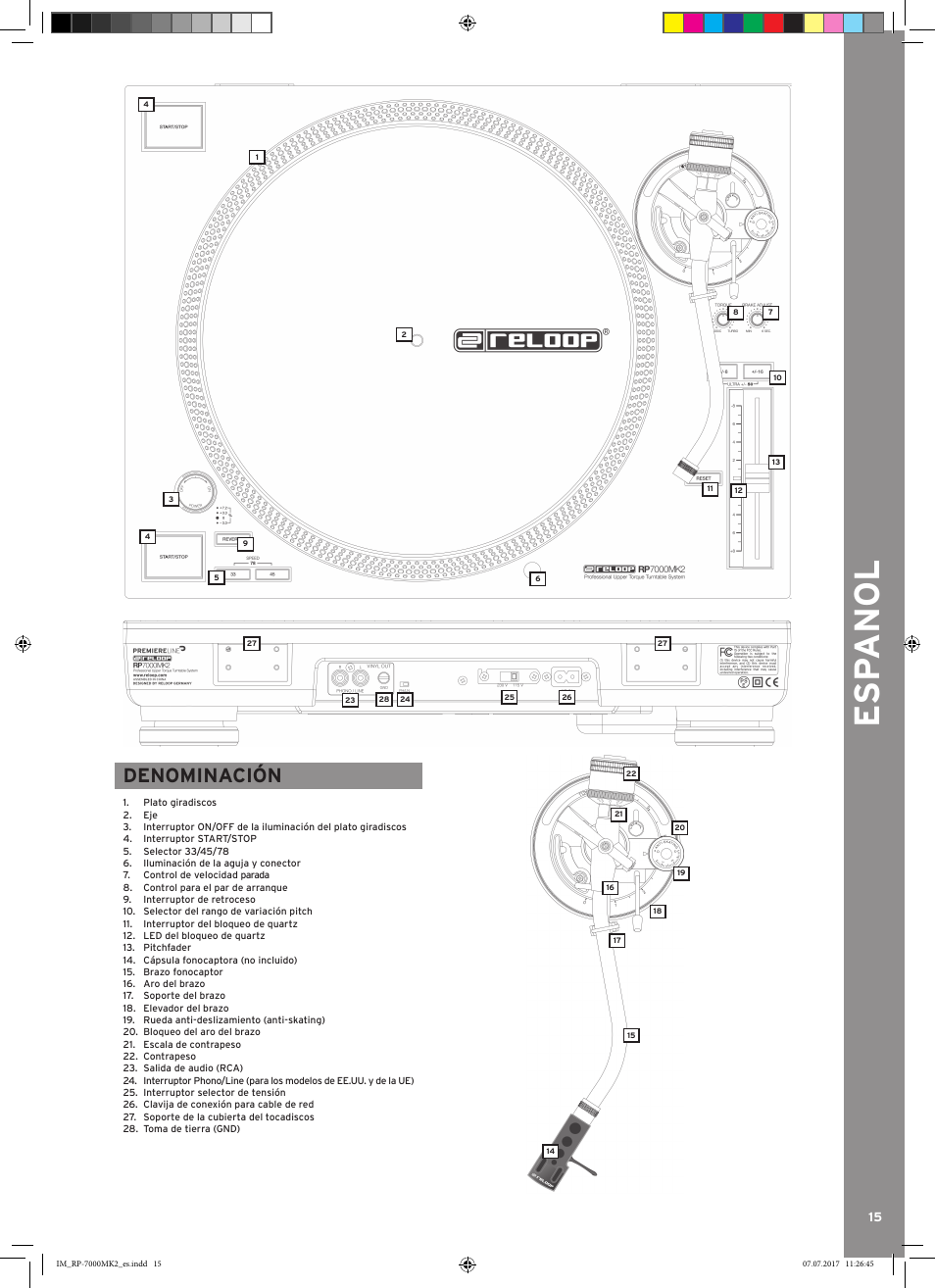 Esp anol, Denominación | Reloop Belt-Driven Hi-Fi Turntable User Manual | Page 15 / 20