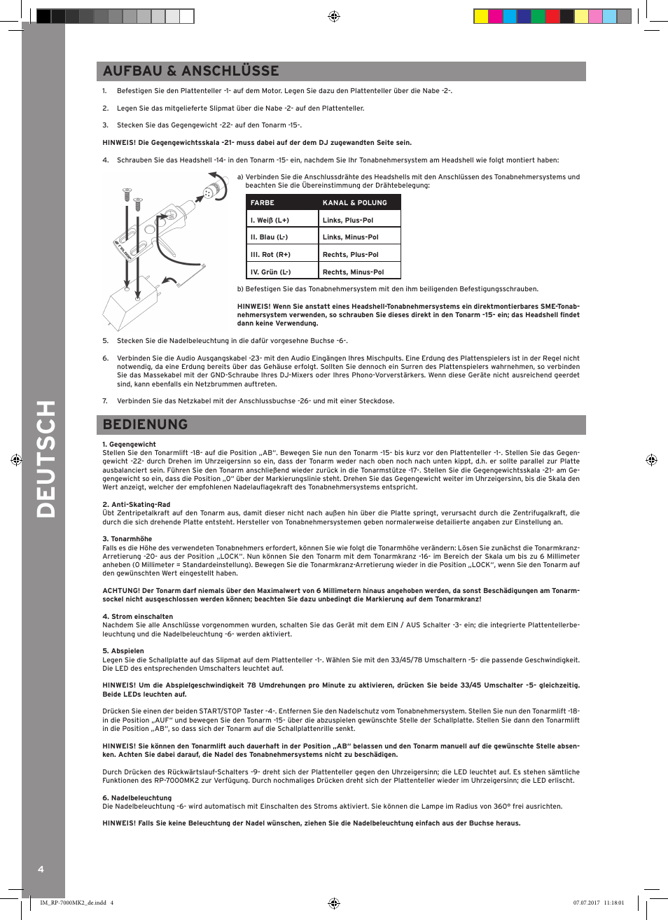 De ut s ch, Aufbau & anschlüsse, Bedienung | Reloop Belt-Driven Hi-Fi Turntable User Manual | Page 4 / 20