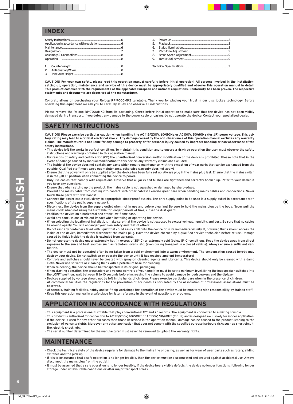 Im_rp7000mk2_en_rev_1.3, English, Safety instructions | Application in accordance with regulations, Maintenance, Index | Reloop Belt-Driven Hi-Fi Turntable User Manual | Page 6 / 20