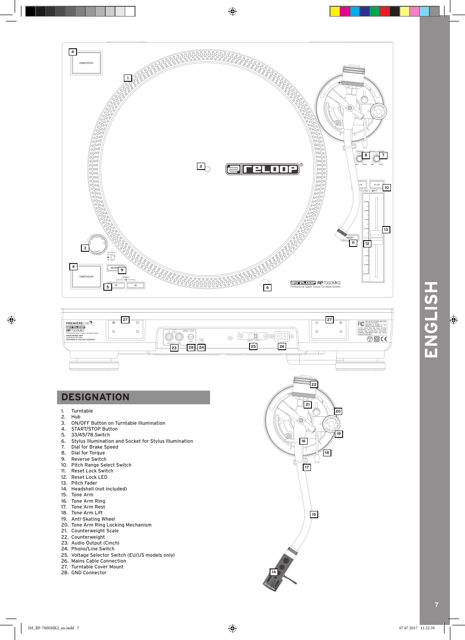 English, Designation | Reloop Belt-Driven Hi-Fi Turntable User Manual | Page 7 / 20