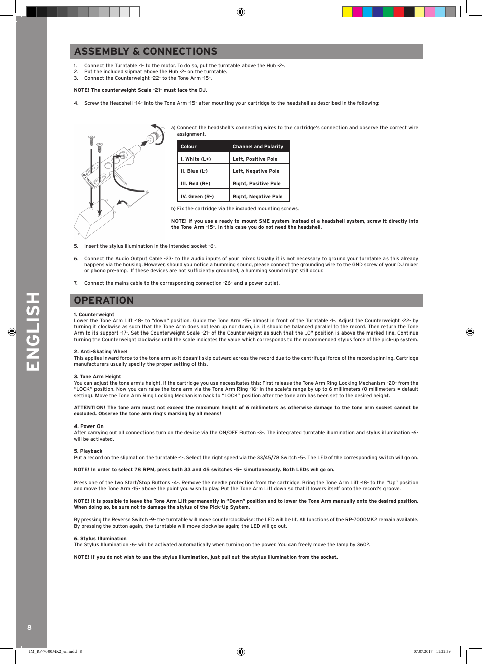 English, Assembly & connections, Operation | Reloop Belt-Driven Hi-Fi Turntable User Manual | Page 8 / 20