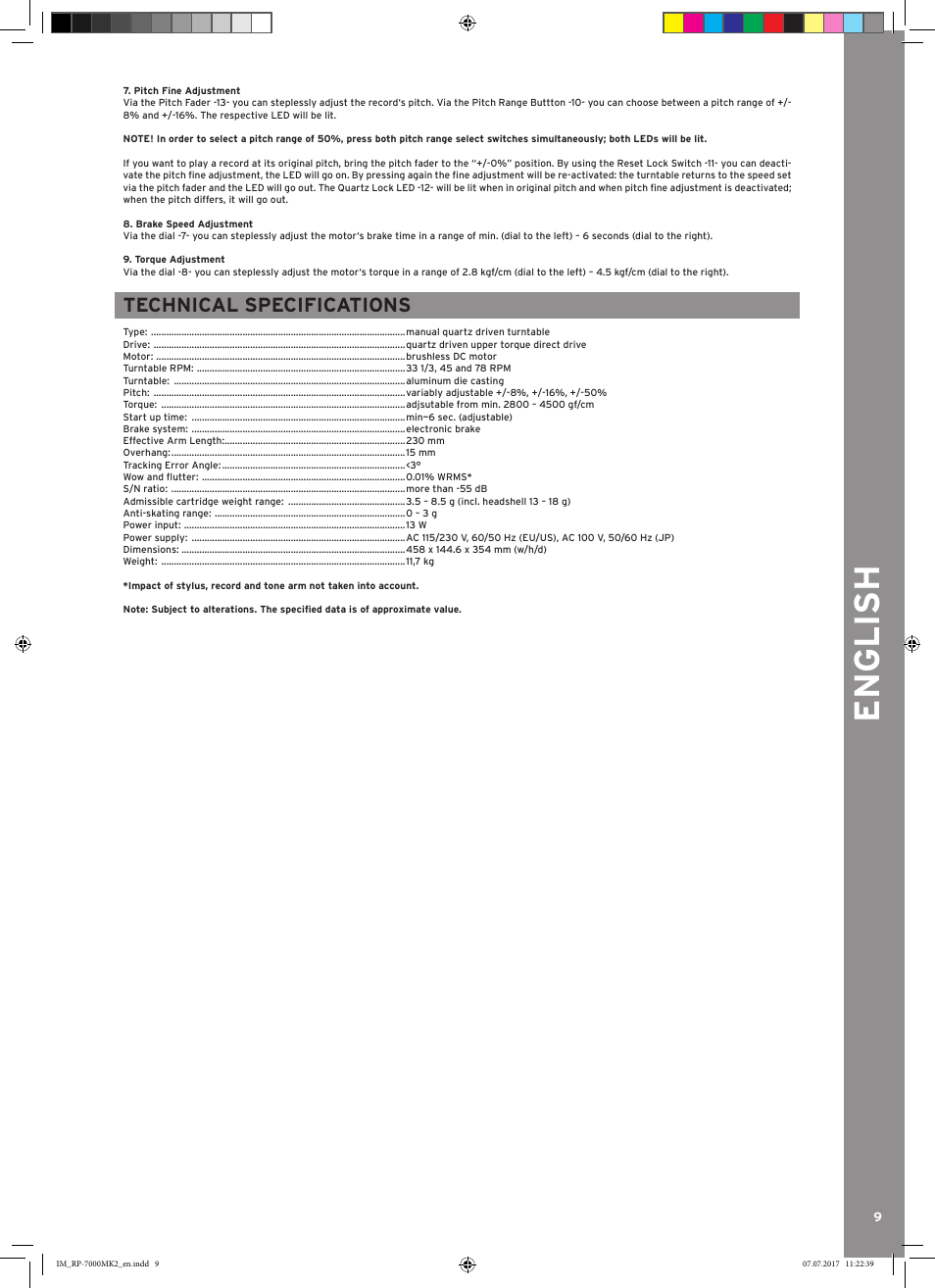 English, Technical specifications | Reloop Belt-Driven Hi-Fi Turntable User Manual | Page 9 / 20