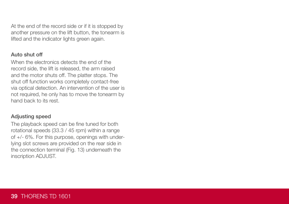 THORENS TD 1600 Fully Manual Two-Speed Stereo Turntable (High Gloss Walnut) User Manual | Page 39 / 102