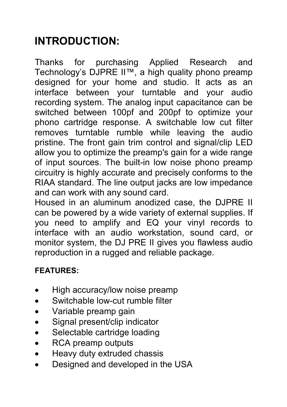 Introduction | Art DJ Pre II Phono Preamplifier User Manual | Page 3 / 12