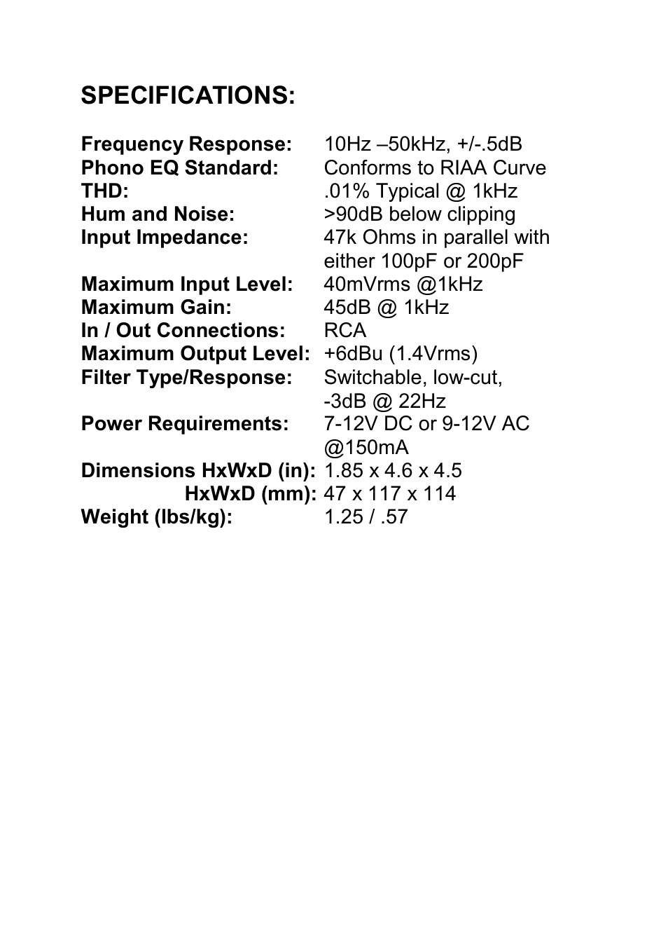 Specifications | Art DJ Pre II Phono Preamplifier User Manual | Page 7 / 12