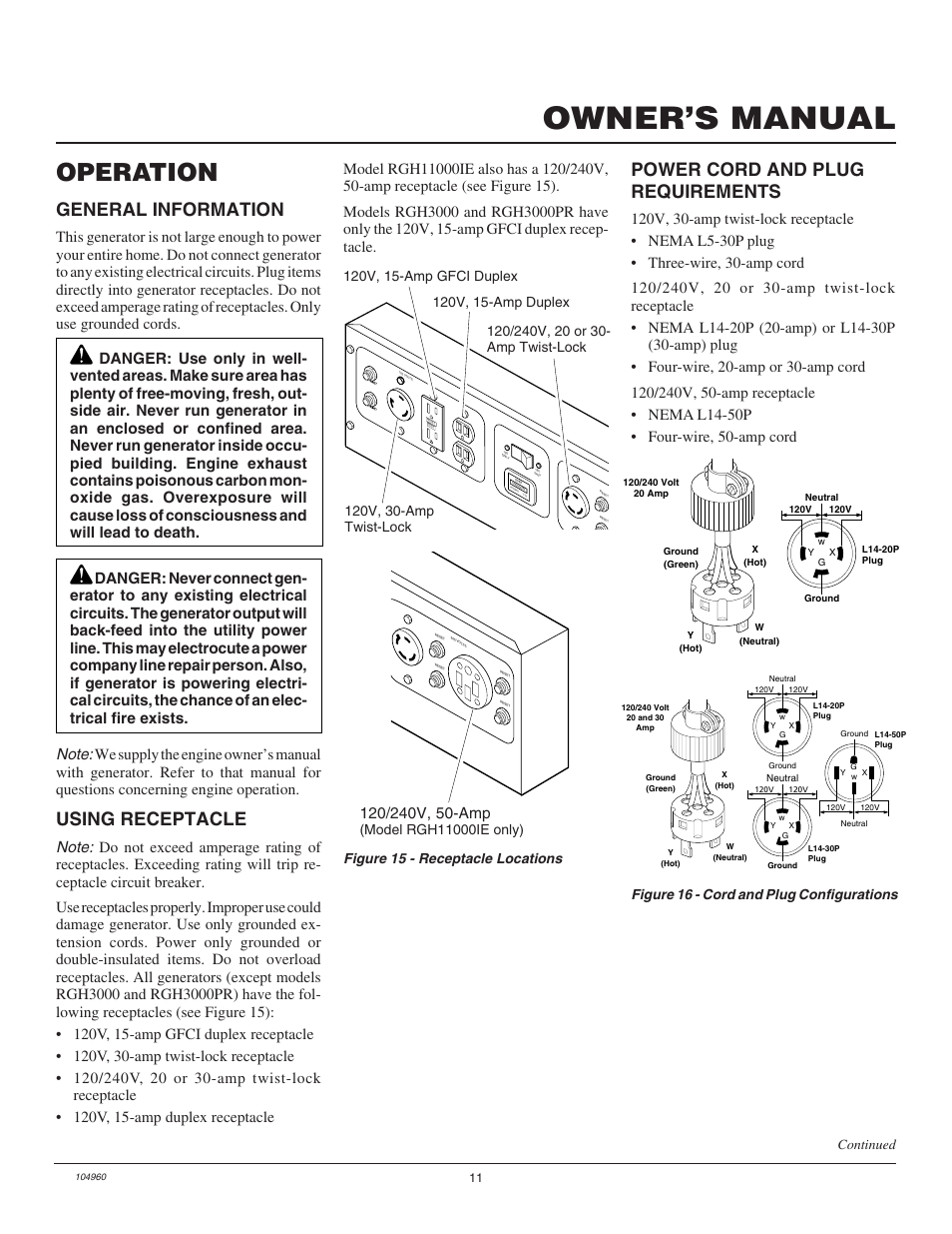 Owner’s manual, Operation, General information | Using receptacle, Power cord and plug requirements, Figure 16 - cord and plug configurations continued | Desa Rgh3000  EN User Manual | Page 11 / 28