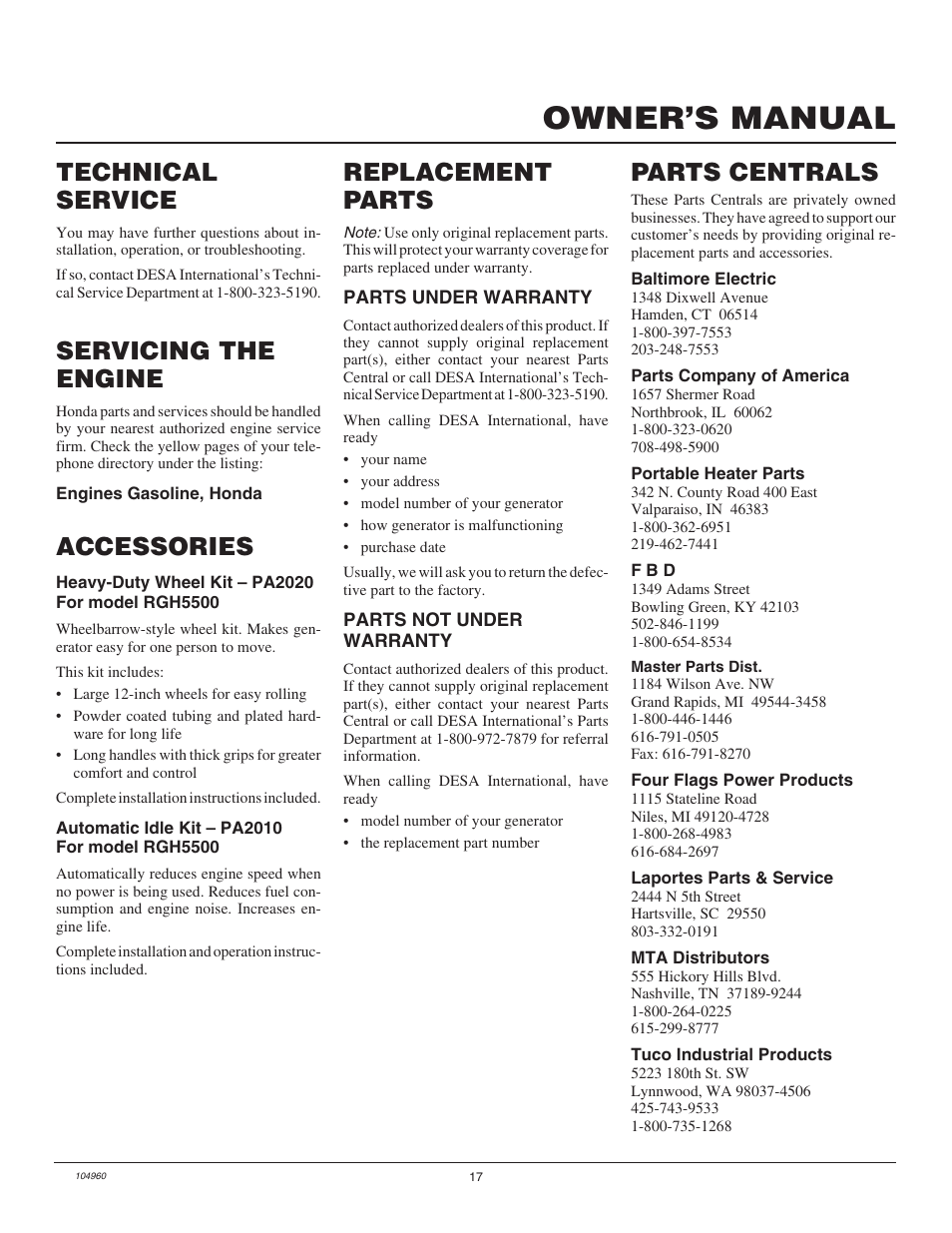 Owner’s manual, Technical service, Servicing the engine | Accessories, Replacement parts, Parts centrals | Desa Rgh3000  EN User Manual | Page 17 / 28