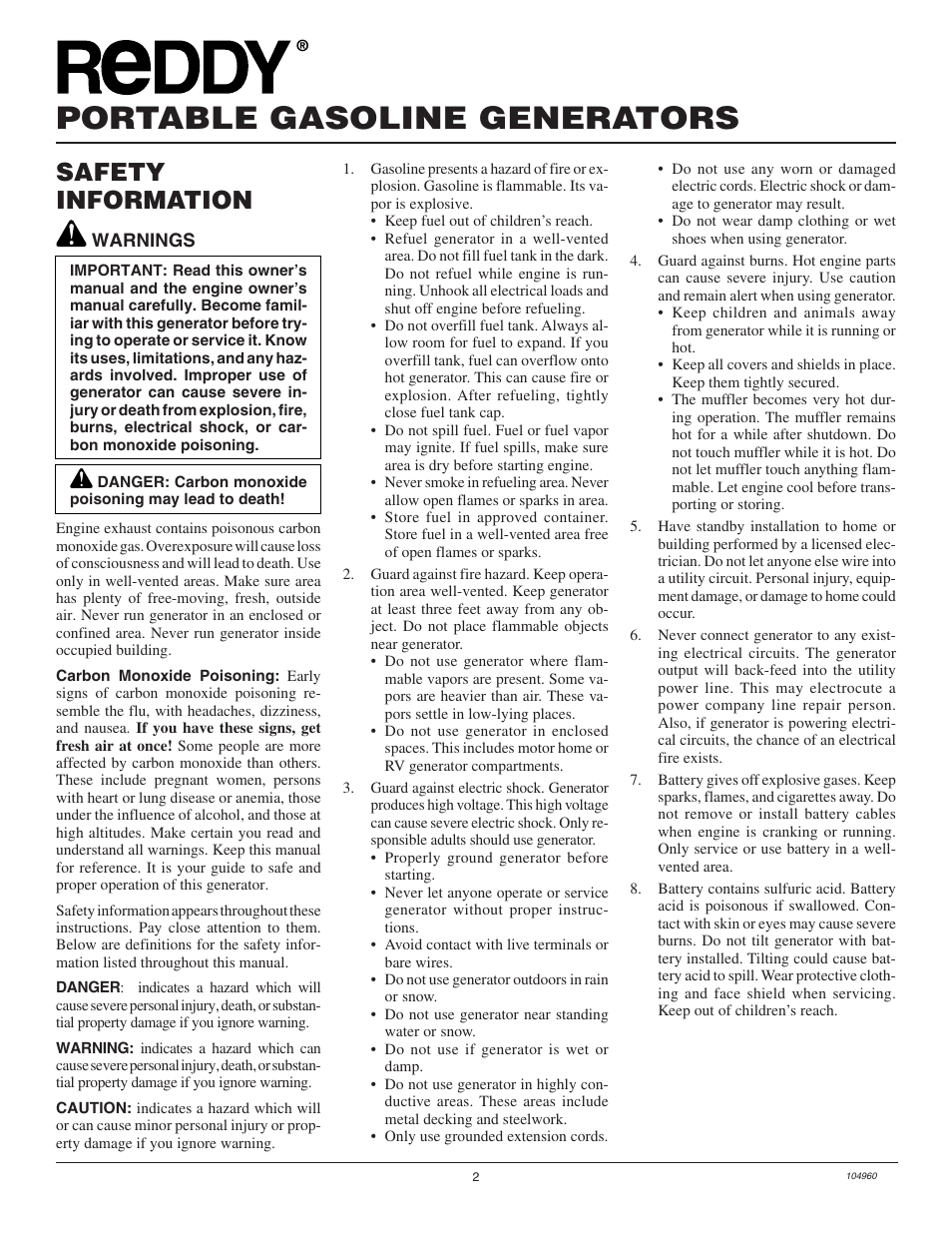 Portable gasoline generators, Safety information | Desa Rgh3000  EN User Manual | Page 2 / 28