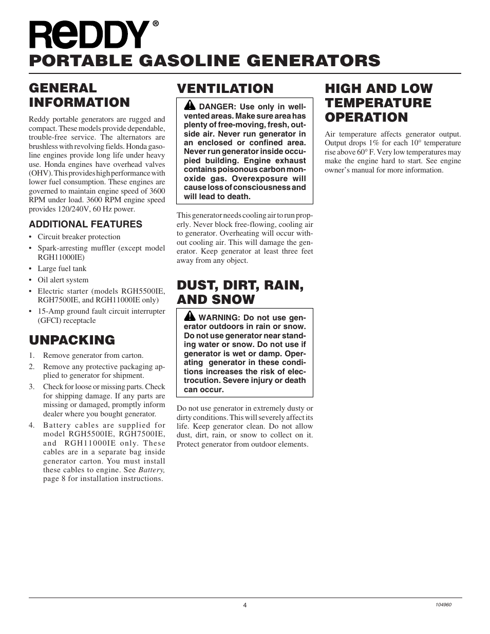 Portable gasoline generators, Ventilation, Dust, dirt, rain, and snow | High and low temperature operation, General information, Unpacking | Desa Rgh3000  EN User Manual | Page 4 / 28