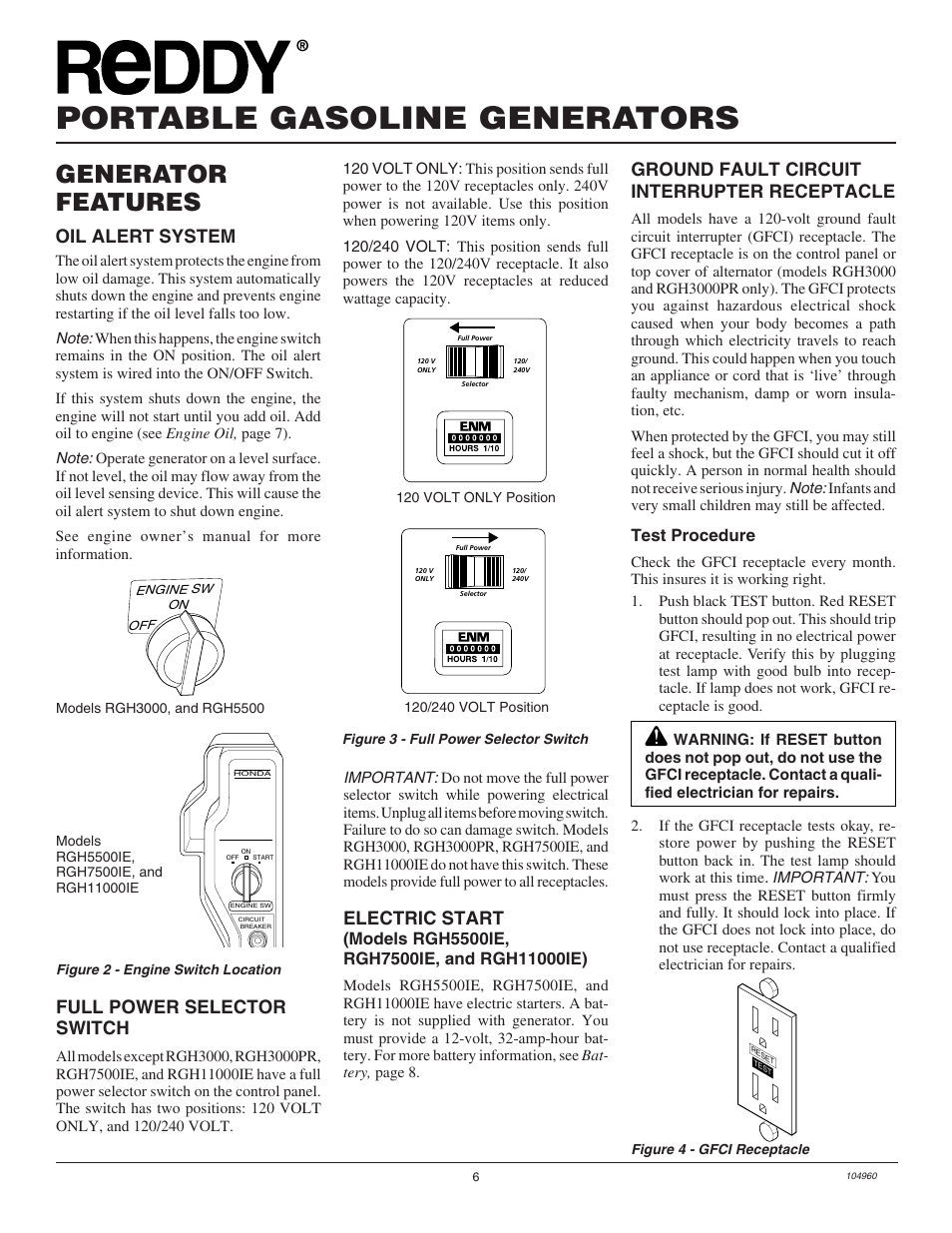 Portable gasoline generators, Generator features, Ground fault circuit interrupter receptacle | Oil alert system, Full power selector switch, Electric start, Test procedure | Desa Rgh3000  EN User Manual | Page 6 / 28