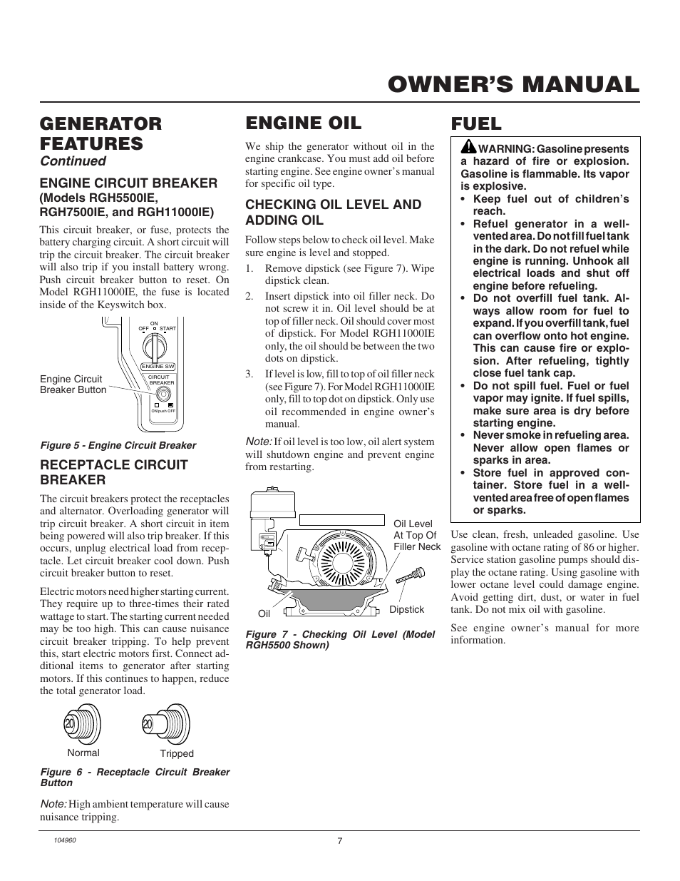 Owner’s manual, Generator features, Engine oil | Fuel, Continued | Desa Rgh3000  EN User Manual | Page 7 / 28