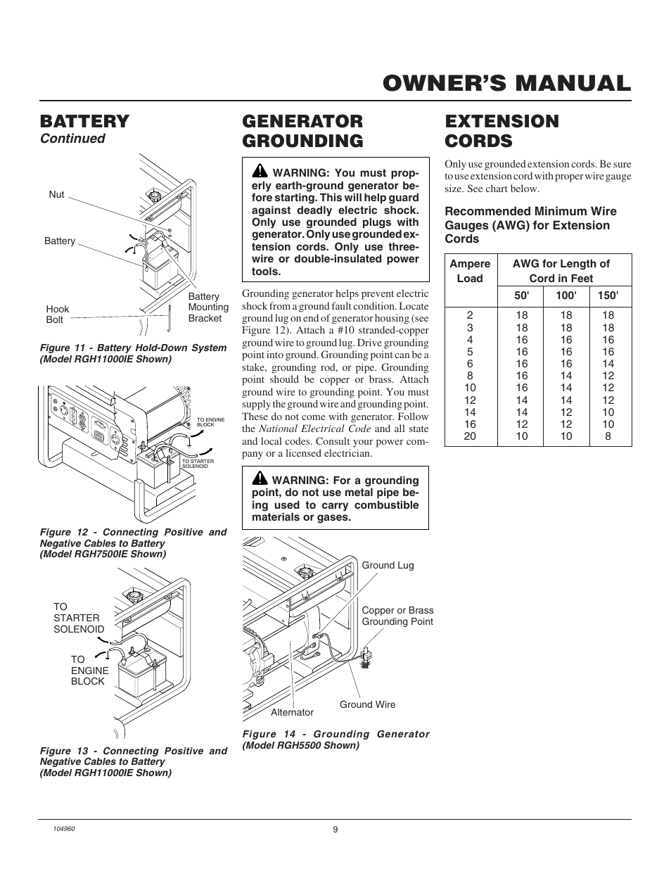 Owner’s manual, Battery, Extension cords | Generator grounding, Continued | Desa Rgh3000  EN User Manual | Page 9 / 28