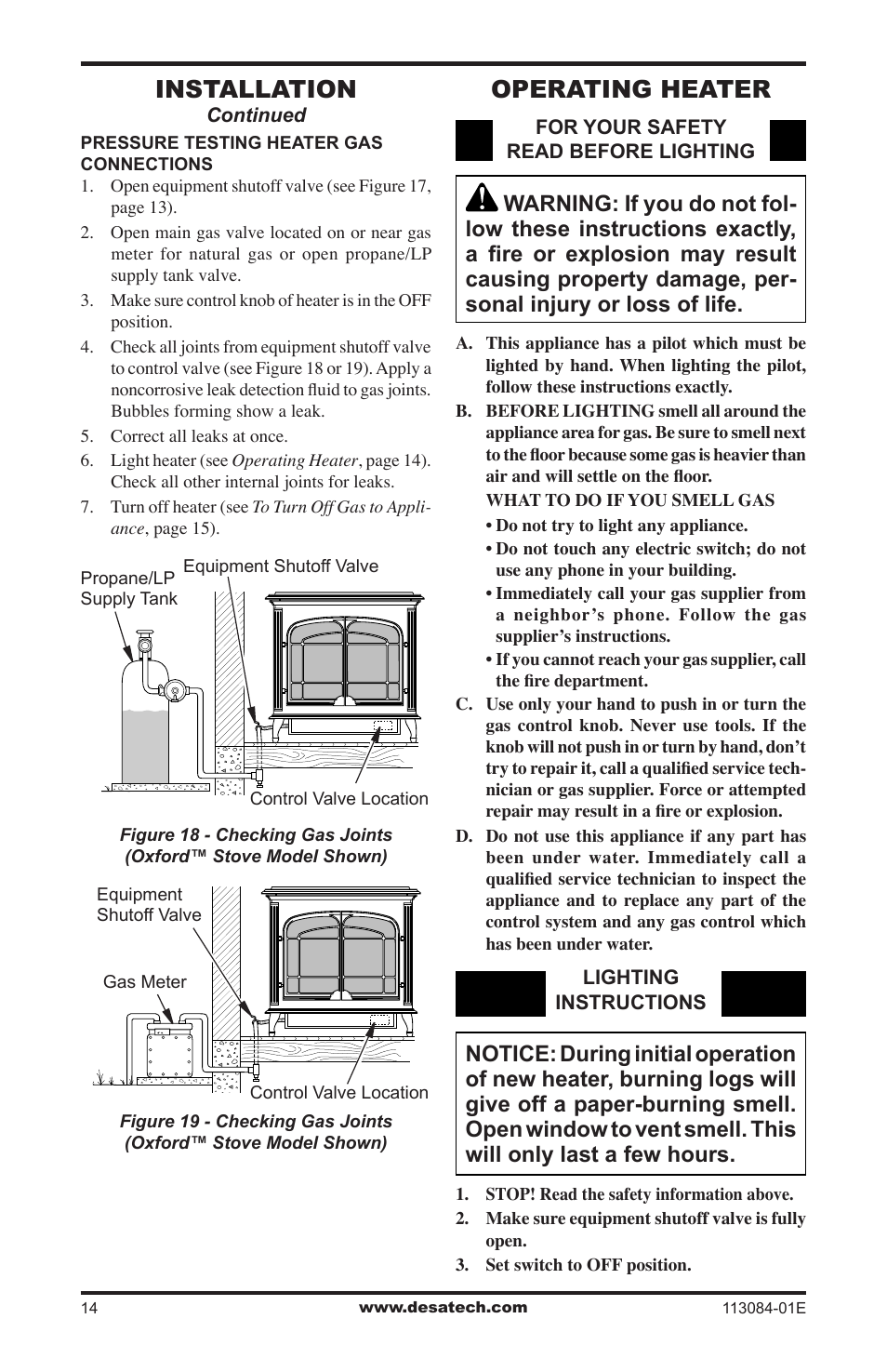 Operating heater, Installation | Desa SVYD18PRA User Manual | Page 14 / 28