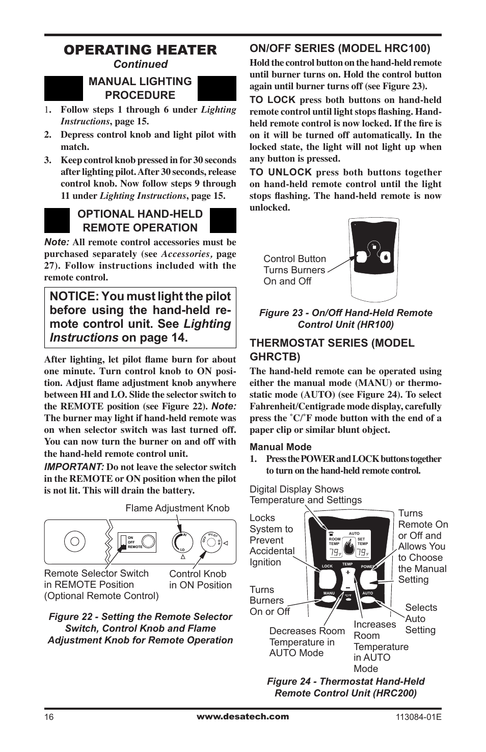 Operating heater, Continued manual lighting procedure, Optional hand-held remote operation | On/off series (model hrc100), Thermostat series (model ghrctb) | Desa SVYD18PRA User Manual | Page 16 / 28