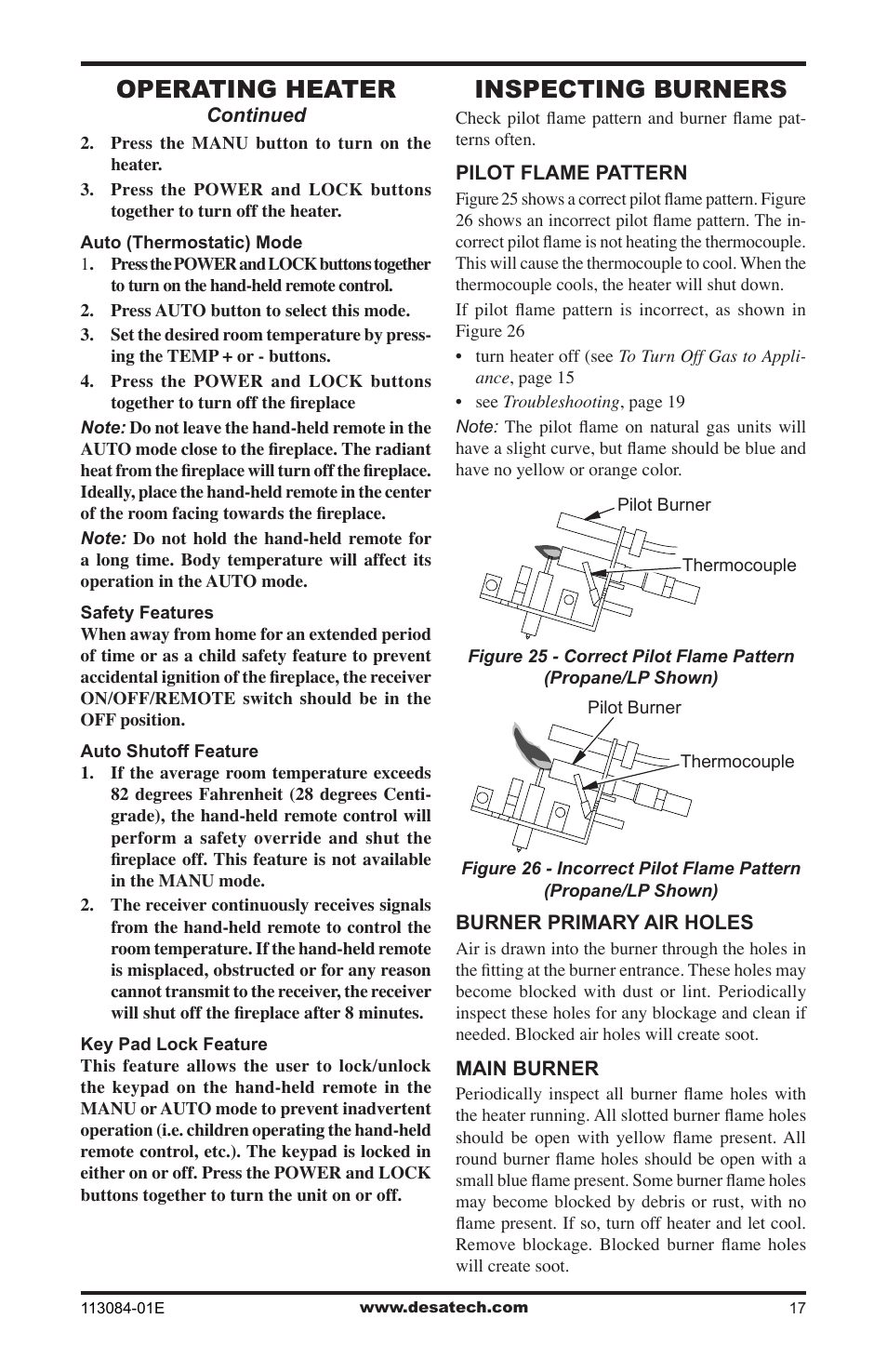 Inspecting burners, Operating heater | Desa SVYD18PRA User Manual | Page 17 / 28