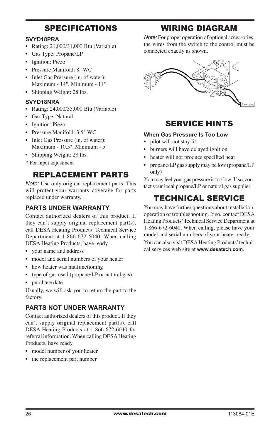 Specifications, Replacement parts, Service hints | Technical service, Wiring diagram | Desa SVYD18PRA User Manual | Page 26 / 28