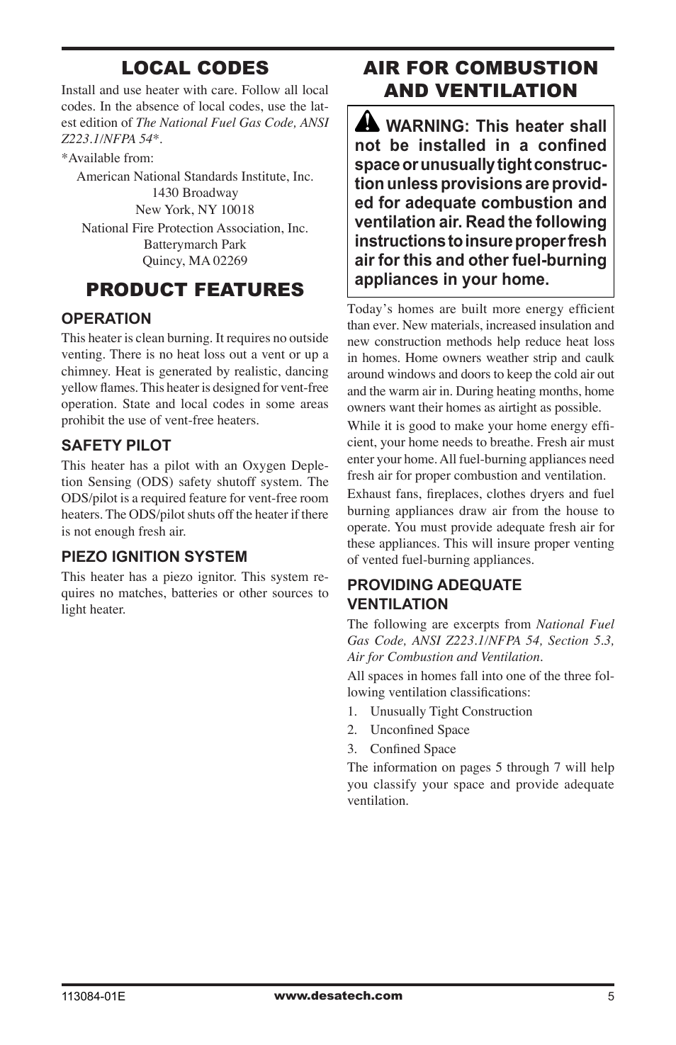 Local codes, Product features, Air for combustion and ventilation | Desa SVYD18PRA User Manual | Page 5 / 28