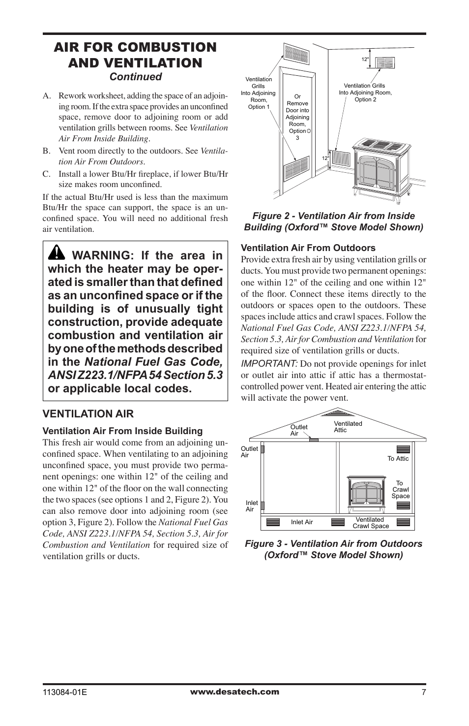 Air for combustion and ventilation, Ventilation air, Continued | Desa SVYD18PRA User Manual | Page 7 / 28