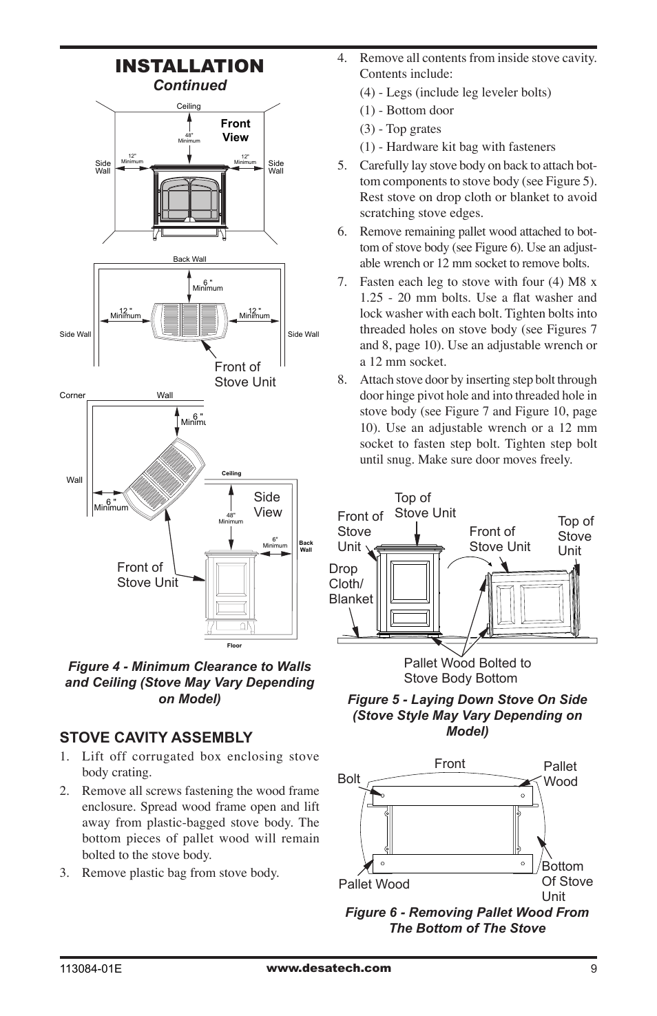 Installation, Continued, Stove cavity assembly | Desa SVYD18PRA User Manual | Page 9 / 28