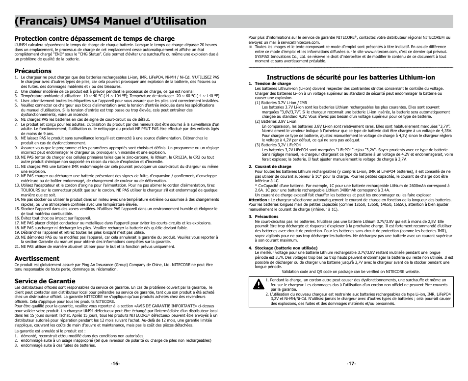 Francais) ums4 manuel d’utilisation, Protection contre dépassement de temps de charge, Précautions | Avertissement, Service de garantie | NITECORE UMS4 Intelligent USB Four-Slot Superb Battery Charger User Manual | Page 10 / 23