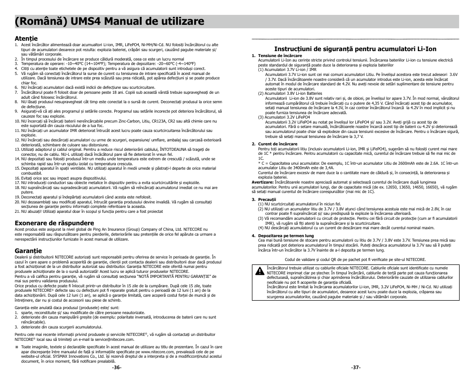 Română) ums4 manual de utilizare, Atenție, Exonerare de răspundere | Garanție | NITECORE UMS4 Intelligent USB Four-Slot Superb Battery Charger User Manual | Page 20 / 23