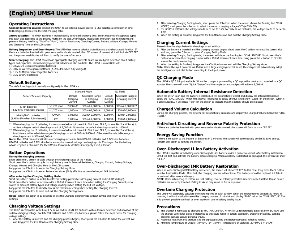 English) ums4 user manual, Operating instructions, Default settings | Button operations, Charging voltage settings, Charging current settings, Qc charging mode, Automatic battery internal resistance detection, Charged volume calculation, Energy saving function | NITECORE UMS4 Intelligent USB Four-Slot Superb Battery Charger User Manual | Page 3 / 23
