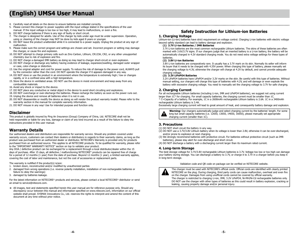 English) ums4 user manual, Disclaimer, Warranty details | Safety instruction for lithium-ion batteries | NITECORE UMS4 Intelligent USB Four-Slot Superb Battery Charger User Manual | Page 4 / 23