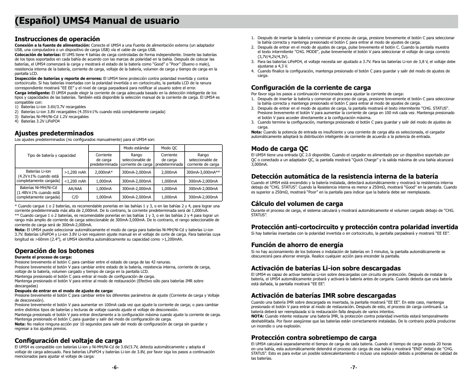 Español) ums4 manual de usuario, Instrucciones de operación, Ajustes predeterminados | Operación de los botones, Configuración del voltaje de carga, Configuración de la corriente de carga, Modo de carga qc, Cálculo del volumen de carga, Función de ahorro de energía, Activación de baterías li-ion sobre descargadas | NITECORE UMS4 Intelligent USB Four-Slot Superb Battery Charger User Manual | Page 5 / 23