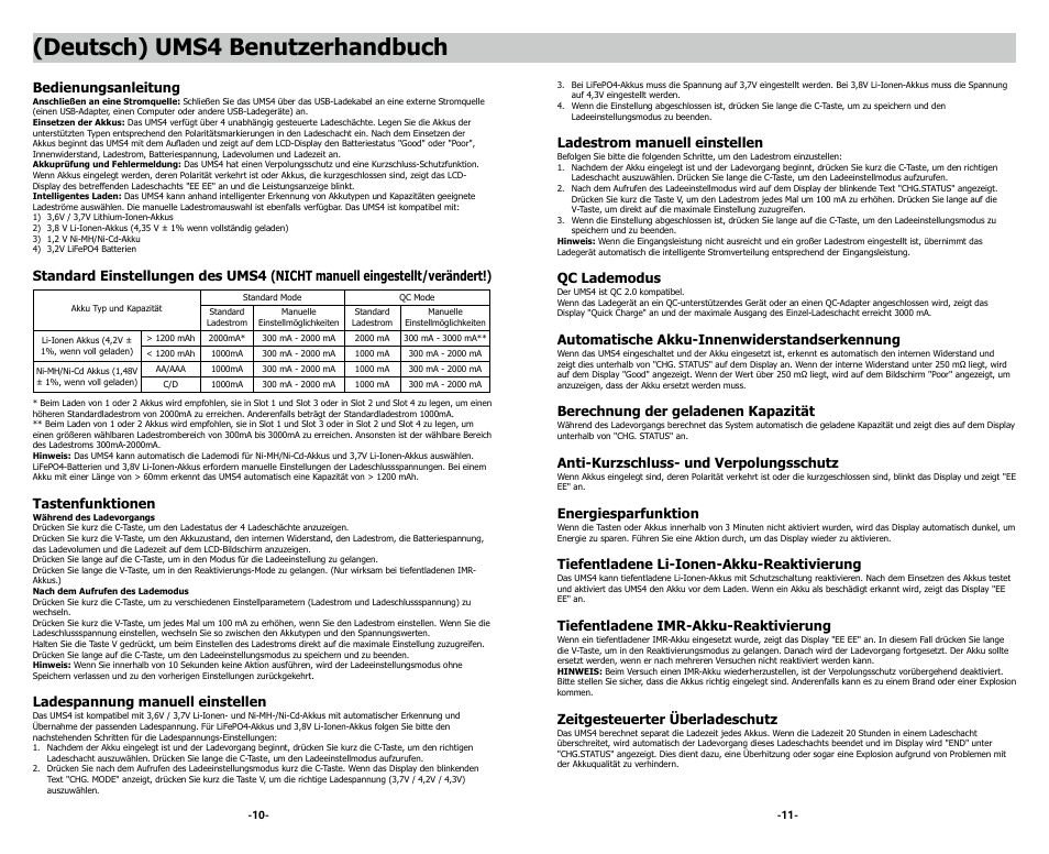 Deutsch) ums4 benutzerhandbuch, Bedienungsanleitung, Tastenfunktionen | Ladespannung manuell einstellen, Ladestrom manuell einstellen, Qc lademodus, Automatische akku-innenwiderstandserkennung, Berechnung der geladenen kapazität, Anti-kurzschluss- und verpolungsschutz, Energiesparfunktion | NITECORE UMS4 Intelligent USB Four-Slot Superb Battery Charger User Manual | Page 7 / 23