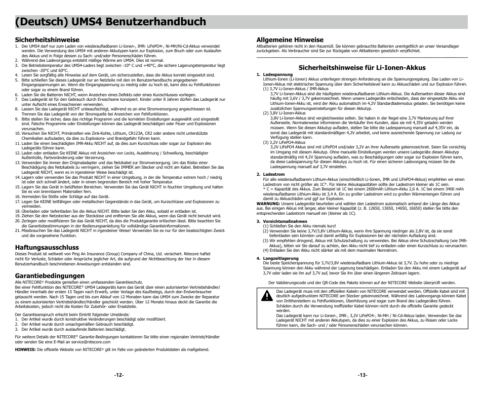 Deutsch) ums4 benutzerhandbuch, Sicherheitshinweise, Haftungsausschluss | Garantiebedingungen, Allgemeine hinweise, Sicherheitshinweise für li-ionen-akkus | NITECORE UMS4 Intelligent USB Four-Slot Superb Battery Charger User Manual | Page 8 / 23