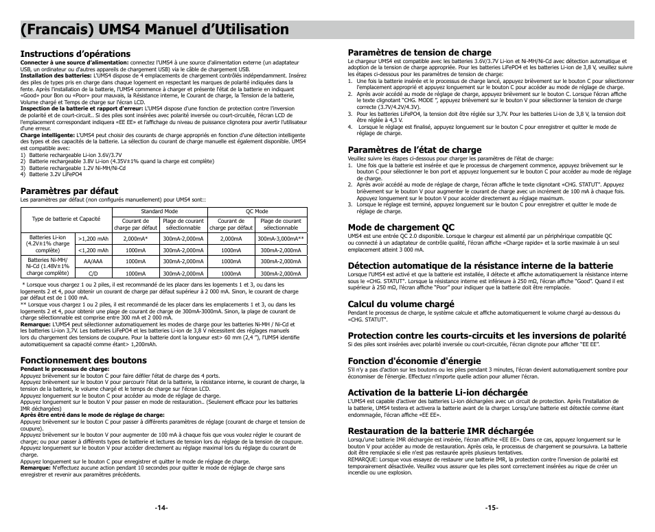 Francais) ums4 manuel d’utilisation, Instructions d’opérations, Paramètres par défaut | Fonctionnement des boutons, Paramètres de tension de charge, Paramètres de l’état de charge, Mode de chargement qc, Calcul du volume chargé, Fonction d'économie d'énergie, Activation de la batterie li-ion déchargée | NITECORE UMS4 Intelligent USB Four-Slot Superb Battery Charger User Manual | Page 9 / 23