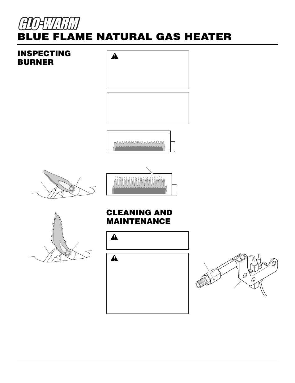 Blue flame natural gas heater, Inspecting burner, Cleaning and maintenance | Pilot flame pattern, Burner flame pattern, Ods/pilot and burner, Cleaning burner pilot air inlet hole, Cabinet | Desa FGH-30NGB User Manual | Page 14 / 24