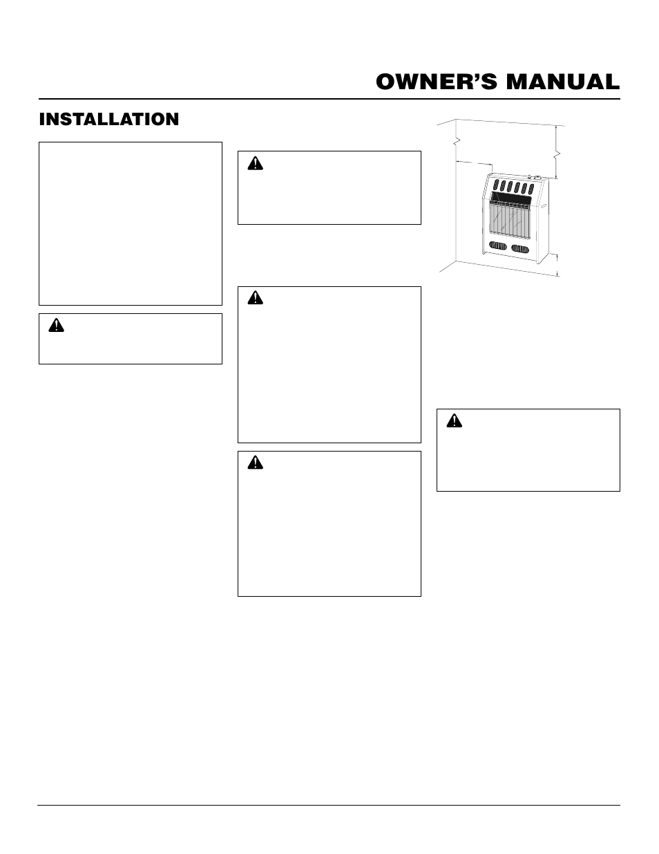 Owner’s manual, Installation, Check gas type | Installation items, Locating heater | Desa FGH-30NGB User Manual | Page 7 / 24