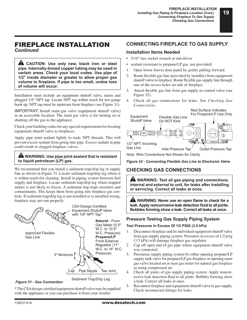 Fireplace installation | Desa (V)VC42NE User Manual | Page 19 / 38