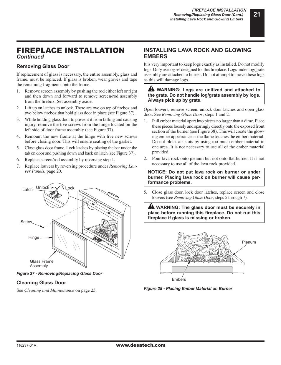 Fireplace installation | Desa (V)VC42NE User Manual | Page 21 / 38