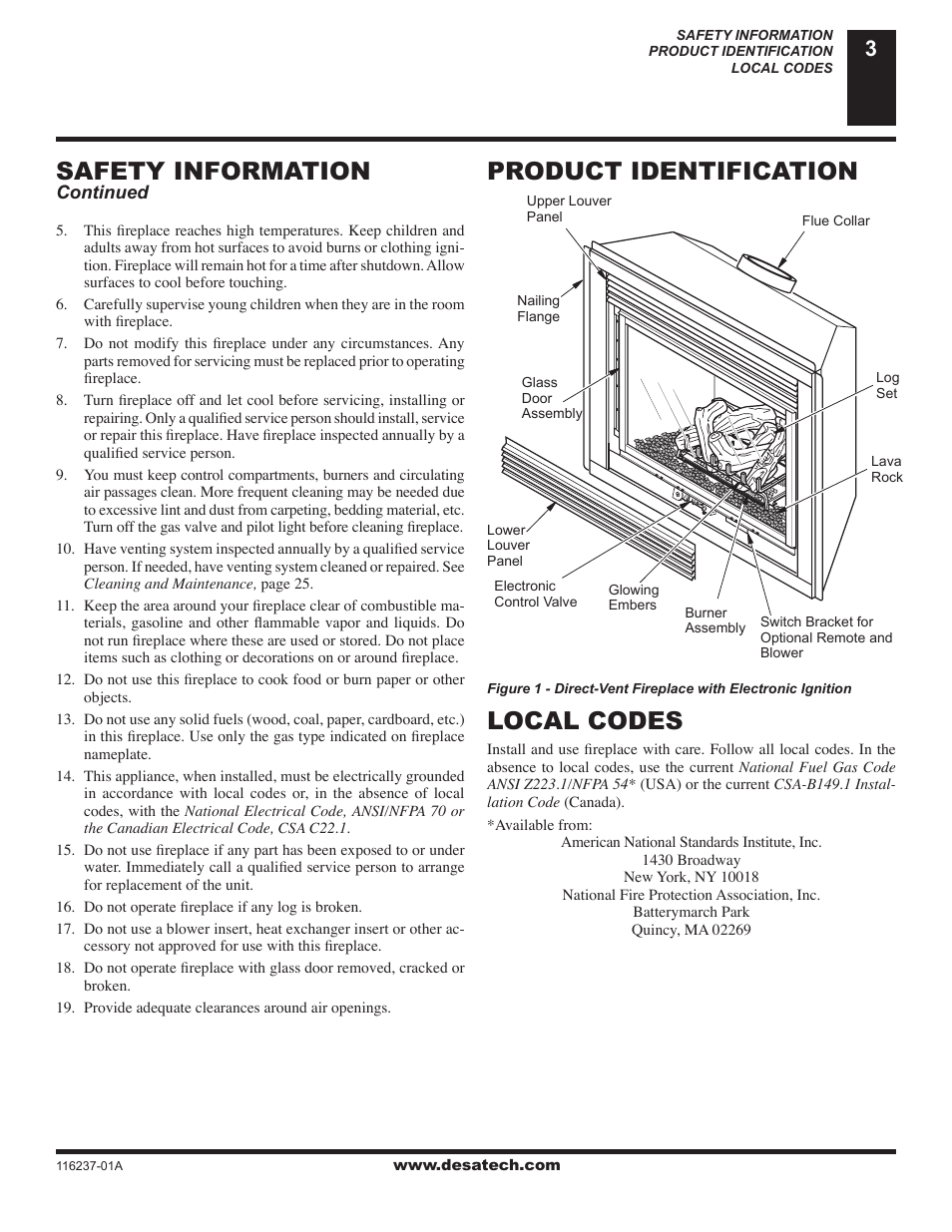 Product identification, Local codes, Safety information | Desa (V)VC42NE User Manual | Page 3 / 38