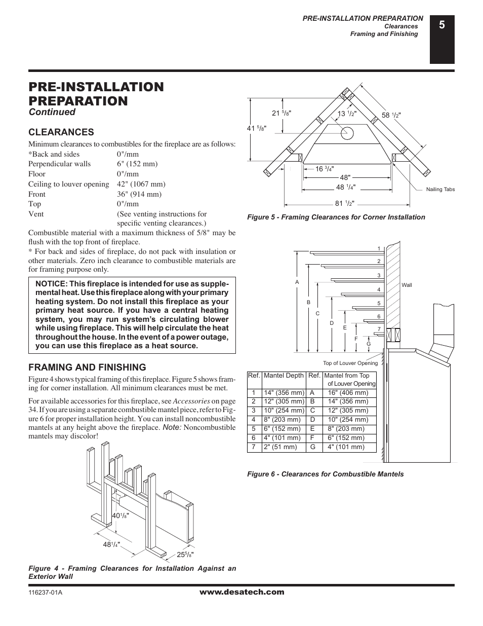 Pre-installation preparation, Clearances, Framing and finishing | Continued | Desa (V)VC42NE User Manual | Page 5 / 38