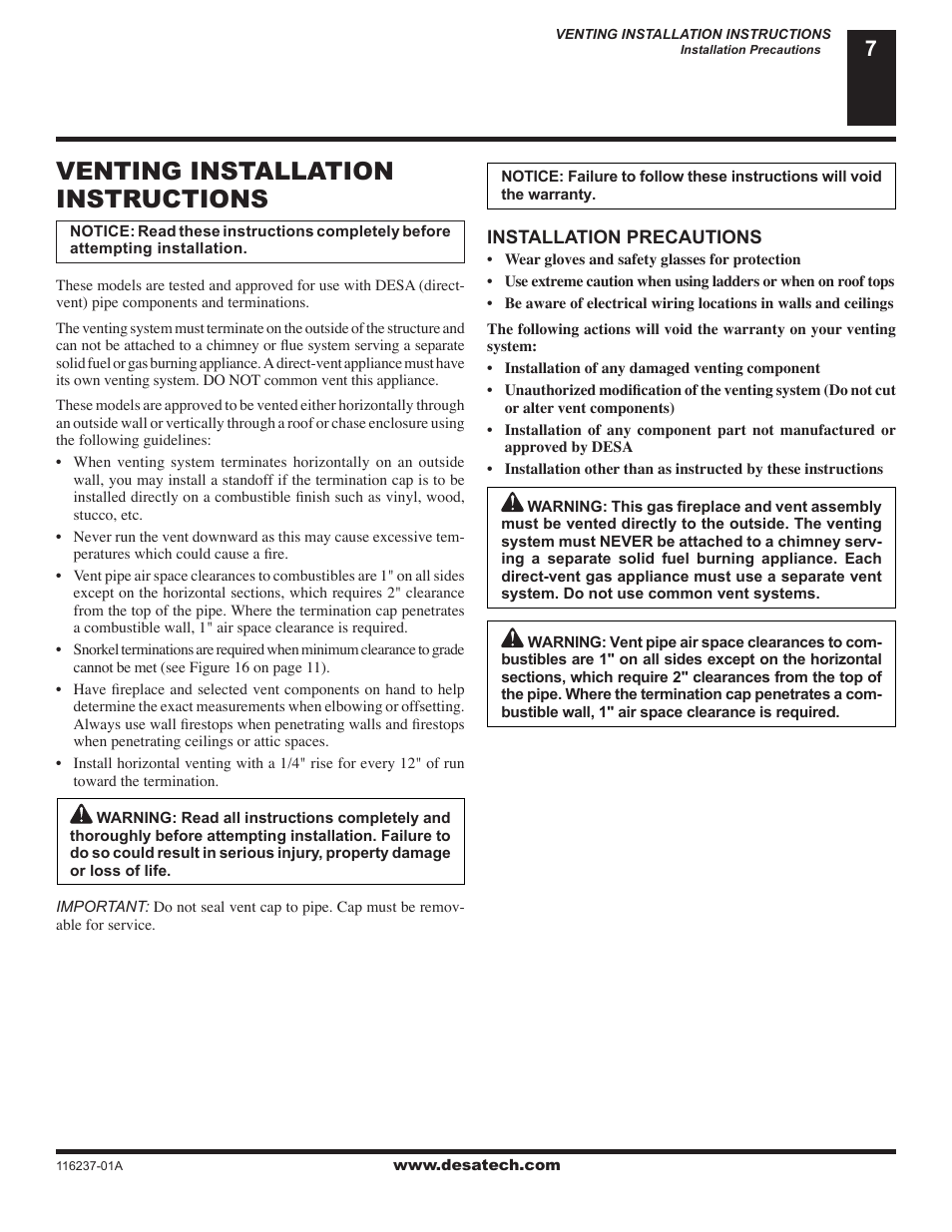 Venting installation instructions | Desa (V)VC42NE User Manual | Page 7 / 38